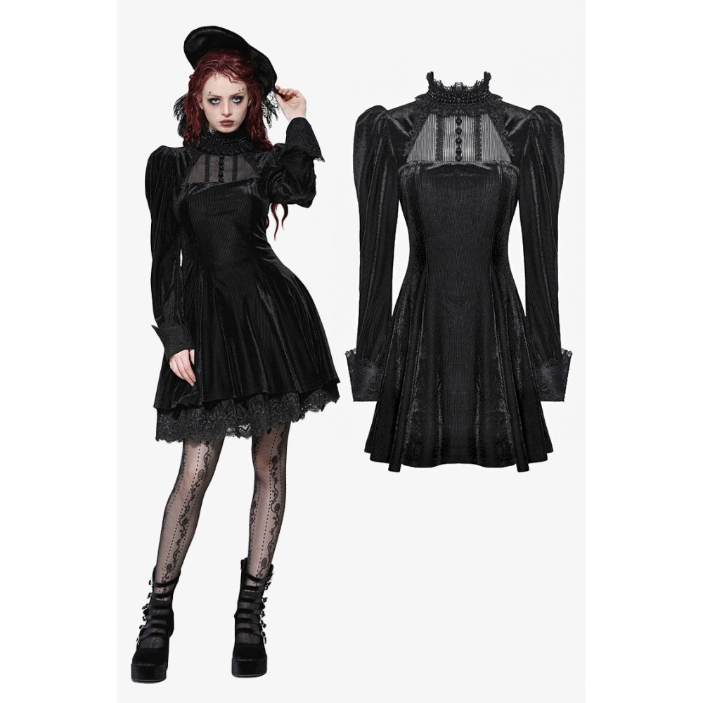 Dark in Love - Gothic Velvet Lace Long-Sleeve Korte jurk - Zwart